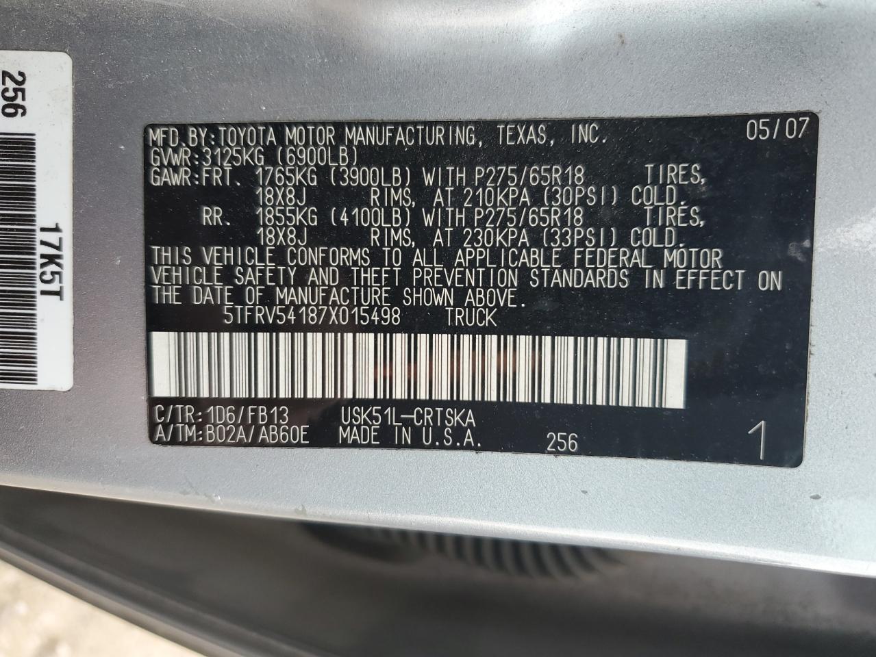 2007 Toyota Tundra VIN 5TFRV54187X015498 Copart auction photo, rear end / minor dent/scratches damage thumbnail 12
