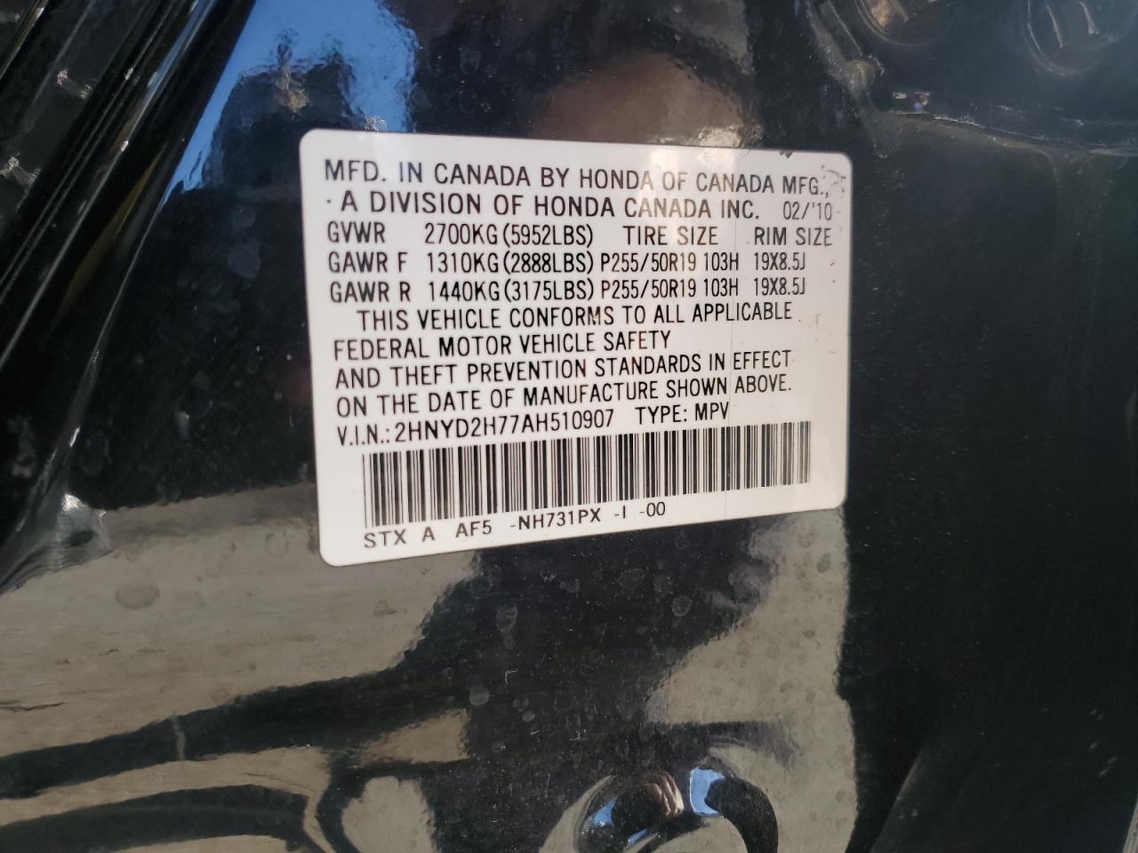 2010 Acura MDX VIN 2HNYD2H77AH510907 Copart auction photo, all over damage thumbnail 13