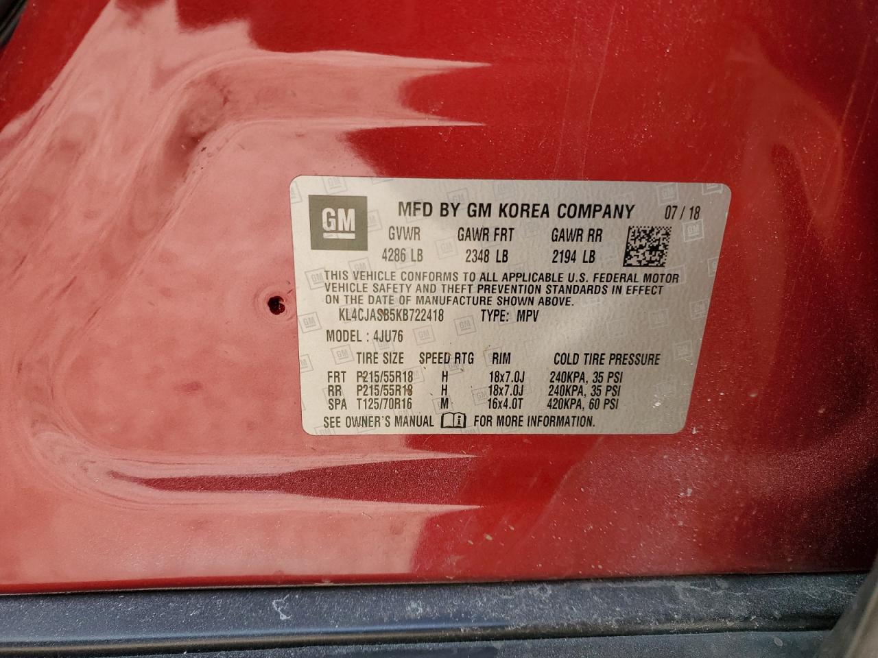 2019 Buick Encore VIN KL4CJASB5KB722418 Copart auction photo, front end / side damage thumbnail 13