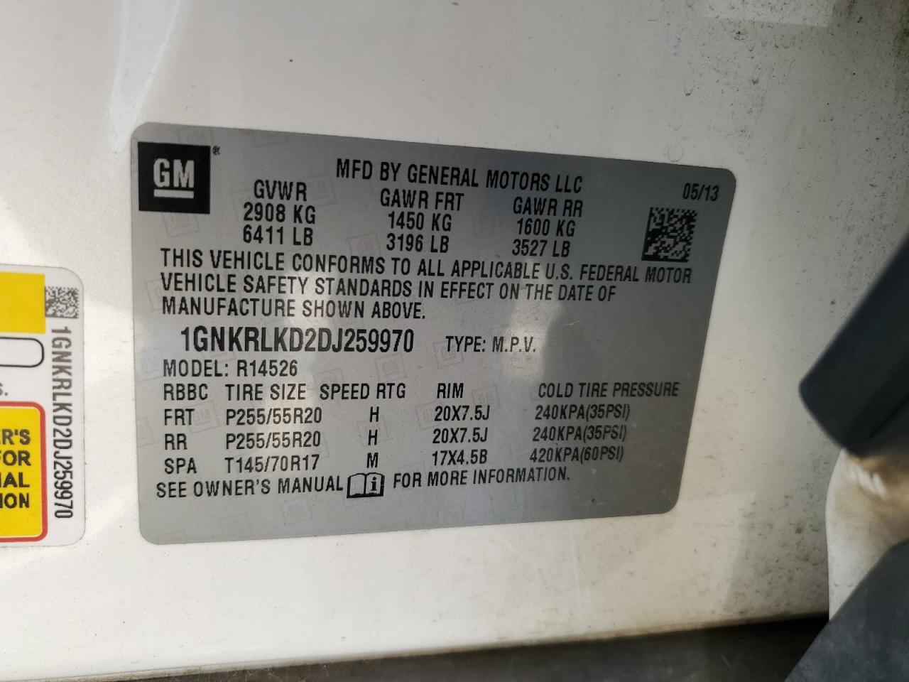 2013 Chevrolet Traverse VIN 1GNKRLKD2DJ259970 Copart auction photo, rear end damage thumbnail 13