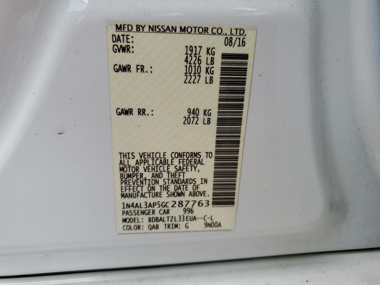 2016 Nissan Altima VIN 1N4AL3AP5GC287763 Copart auction photo, front end / rear end damage thumbnail 12