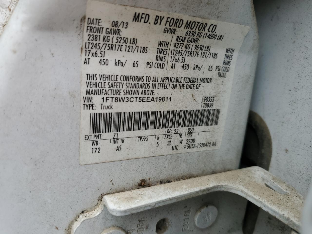 2014 Ford F350 VIN 1FT8W3CT5EEA19811 Copart auction photo, rear end / side damage thumbnail 13
