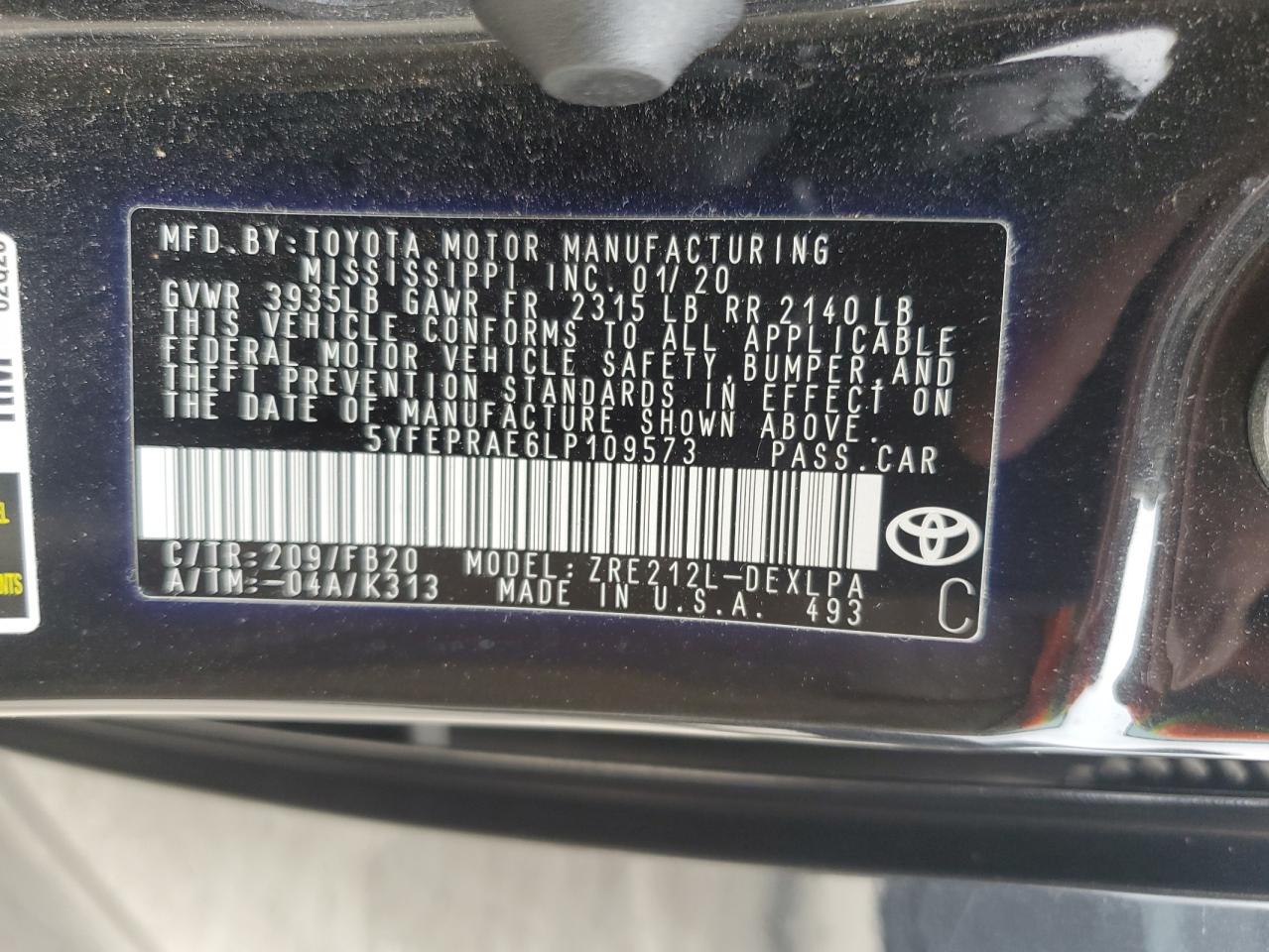 2020 Toyota Corolla VIN 5YFEPRAE6LP109573 Copart auction photo, rear end damage thumbnail 12