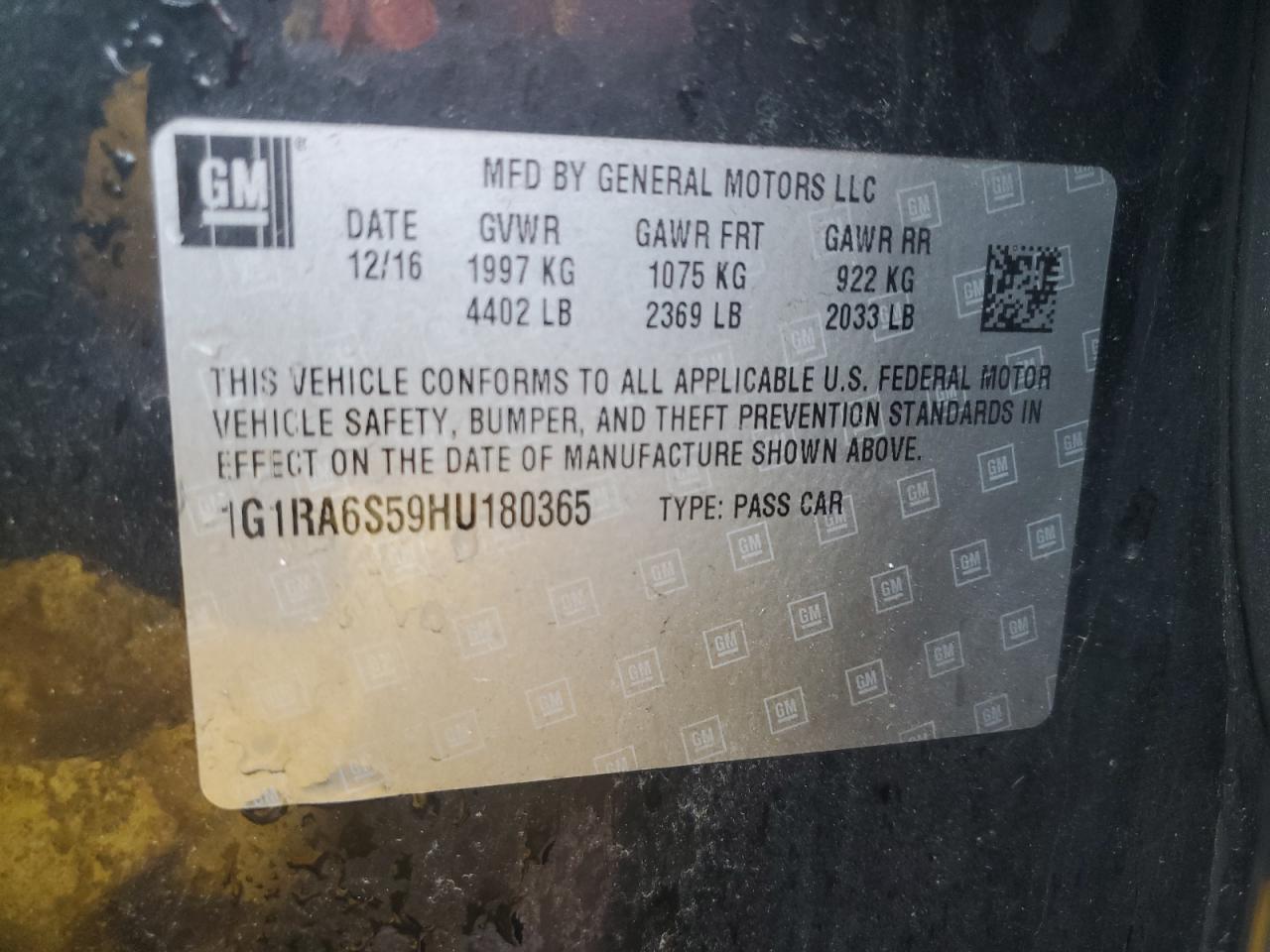 2017 Chevrolet Volt VIN 1G1RA6S59HU180365 Copart auction photo, front end / side damage thumbnail 12