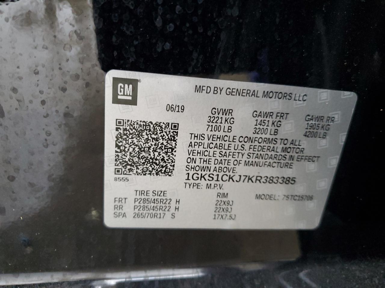 2019 GMC Yukon VIN 1GKS1CKJ7KR383385 Copart auction photo, rollover / front end damage thumbnail 15