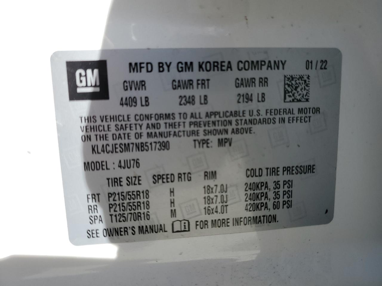 2022 Buick Encore VIN KL4CJESM7NB517390 Copart auction photo, front end damage thumbnail 14