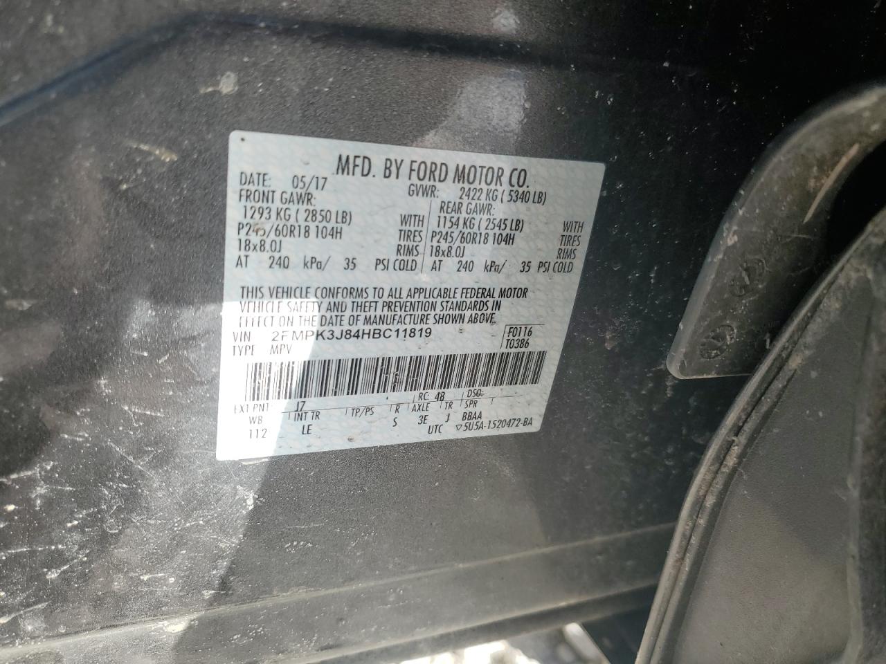 2017 Ford Edge VIN 2FMPK3J84HBC11819 Copart auction photo, front end damage thumbnail 15