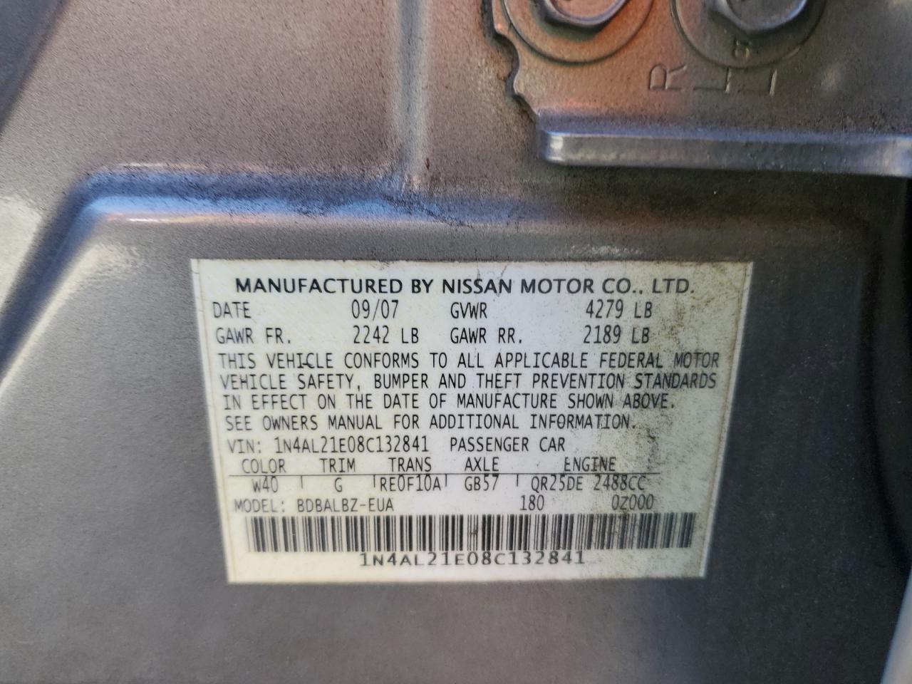 2008 Nissan Altima VIN 1N4AL21E08C132841 Copart auction photo, front end / minor dent/scratches damage thumbnail 12