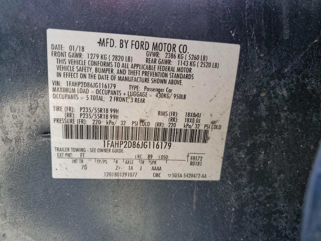 2018 Ford Taurus VIN 1FAHP2D86JG116179 Copart auction photo, side damage thumbnail 12