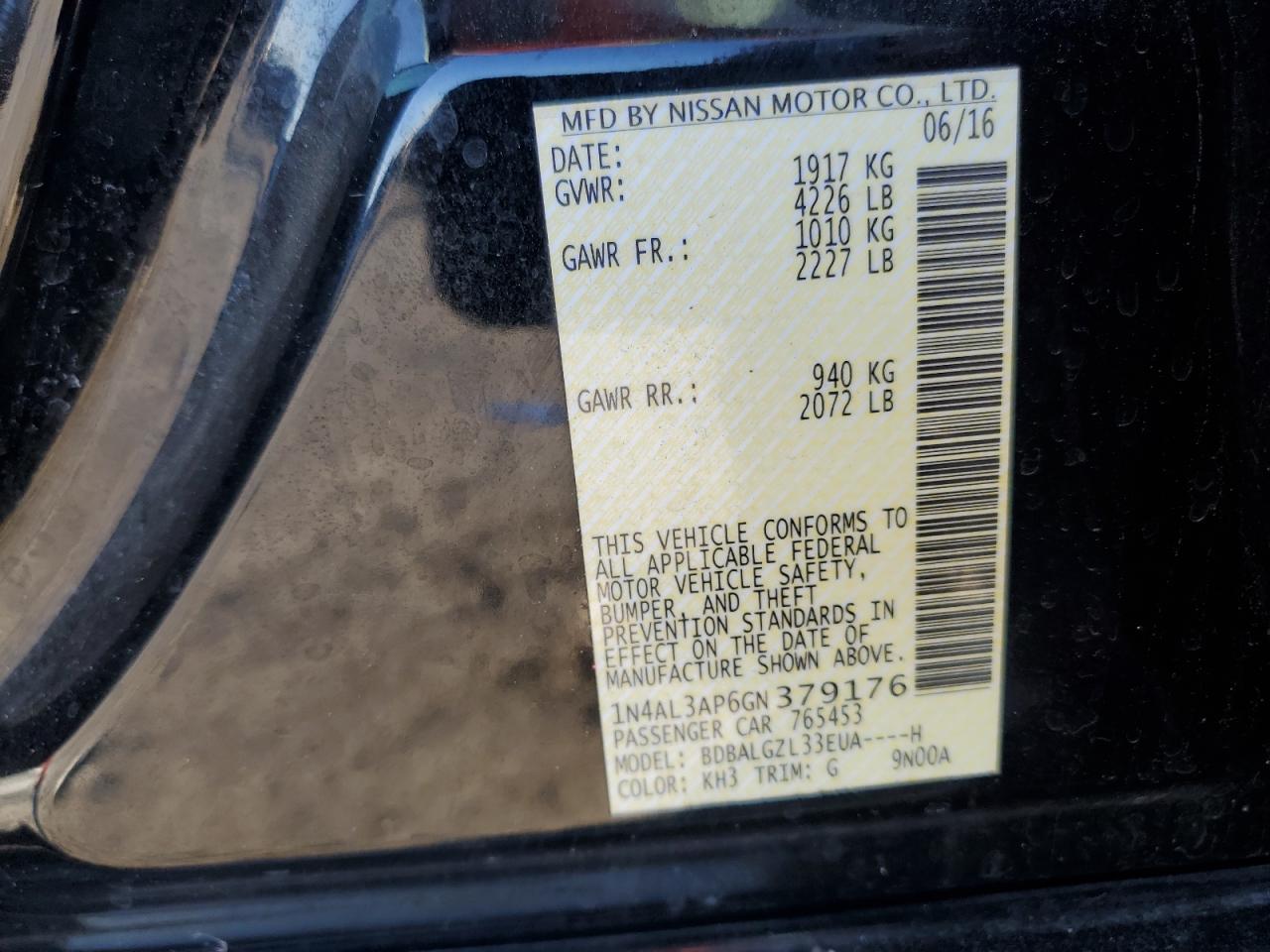 2016 Nissan Altima VIN 1N4AL3AP6GN379176 Copart auction photo, rear end / minor dent/scratches damage thumbnail 15