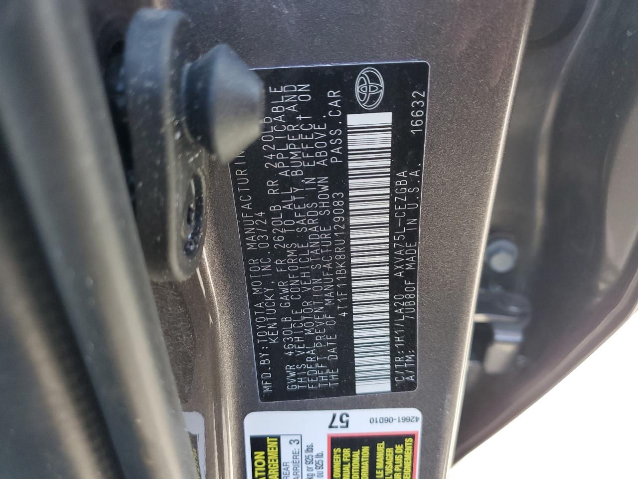 2024 Toyota Camry VIN 4T1F11BK8RU129083 Copart auction photo, front end / side damage thumbnail 15