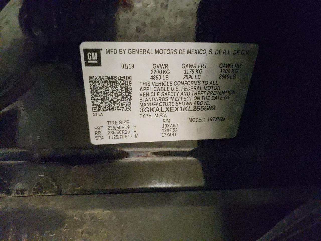 2019 GMC Terrain VIN 3GKALXEX1KL265689 Copart auction photo, front end / rear end damage thumbnail 13