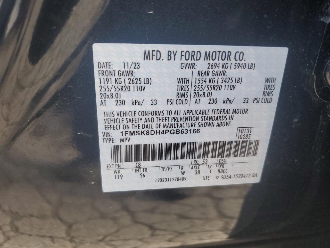 2023 Ford Explorer VIN 1FMSK8DH4PGB63166 Copart auction photo, side / rear end damage thumbnail 14