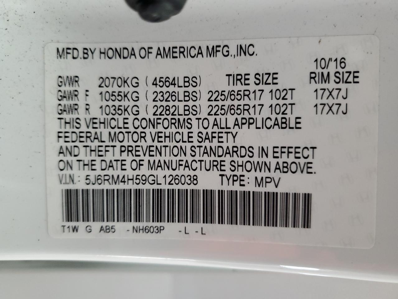 2016 Honda CR-V VIN 5J6RM4H59GL126038 Copart auction photo, front end / minor dent/scratches damage thumbnail 14