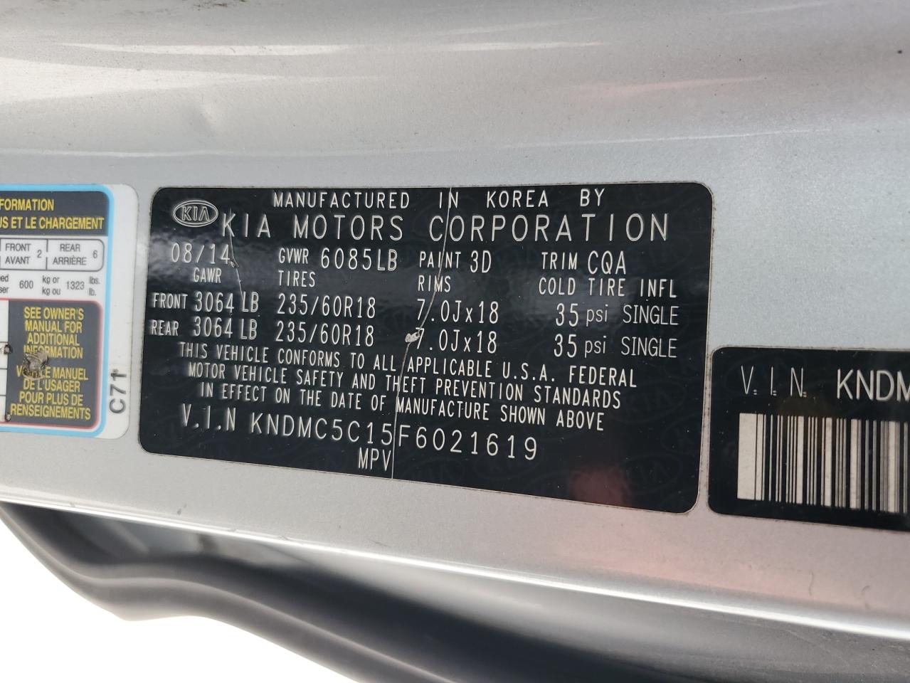 2015 KIA Sedona VIN KNDMC5C15F6021619 Copart auction photo, rear end / minor dent/scratches damage thumbnail 13