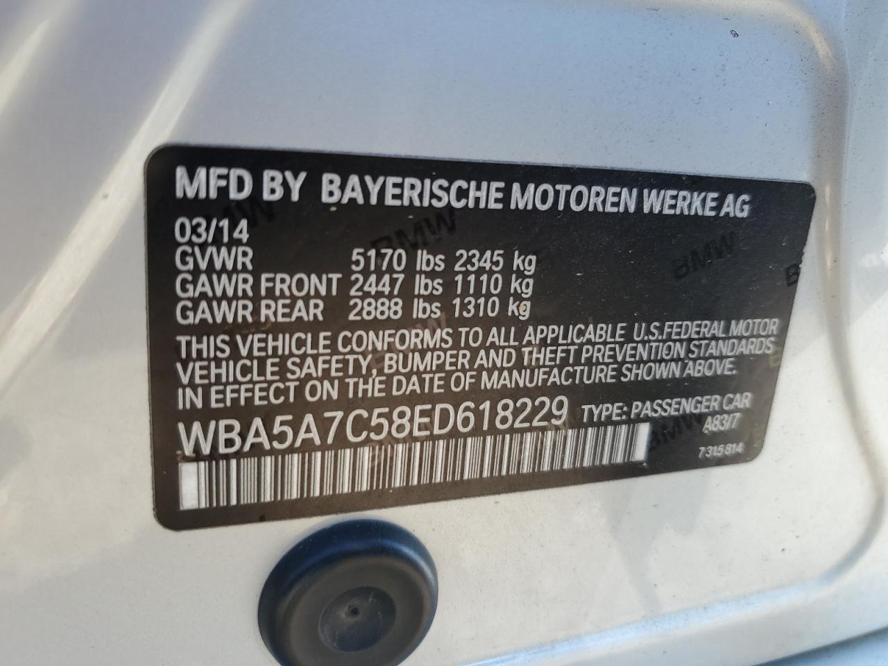 2014 BMW 5er VIN WBA5A7C58ED618229 Copart auction photo, front end damage thumbnail 14
