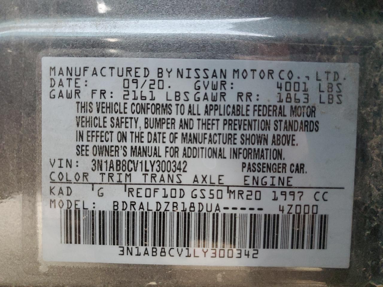 2020 Nissan Sentra VIN 3N1AB8CV1LY300342 Copart auction photo, front end / side damage thumbnail 12