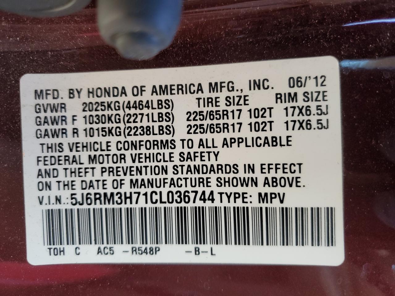 2012 Honda CR-V VIN 5J6RM3H71CL036744 Copart auction photo, rear end / undercarriage damage thumbnail 14