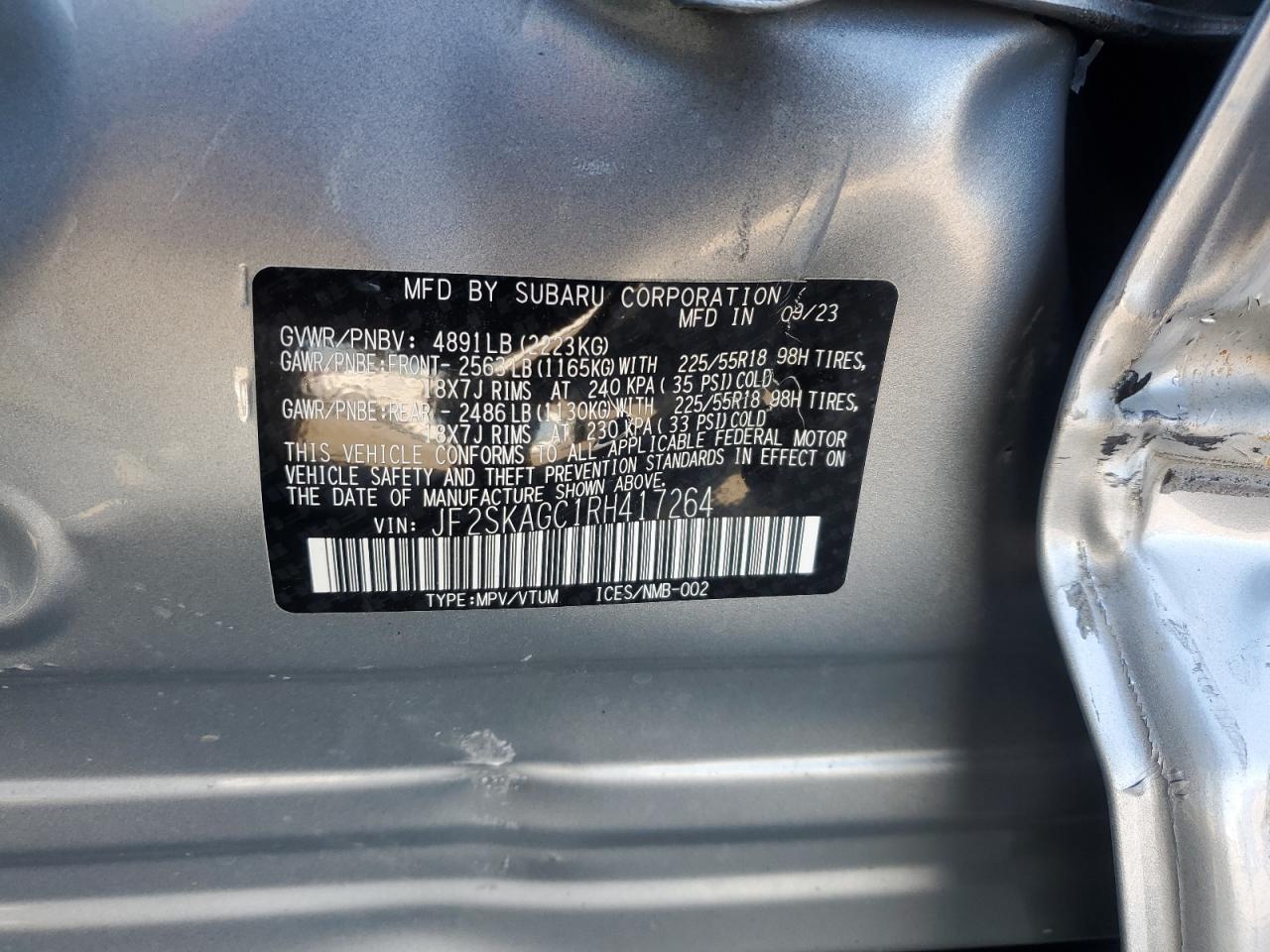 2024 Subaru Forester VIN JF2SKAGC1RH417264 Copart auction photo, side / rear end damage thumbnail 15