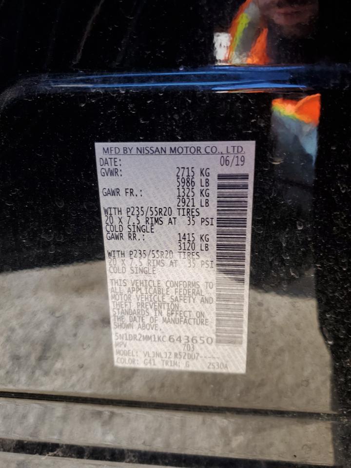 2019 Nissan Pathfinder VIN 5N1DR2MM1KC643650 Copart auction photo, front end / side damage thumbnail 14