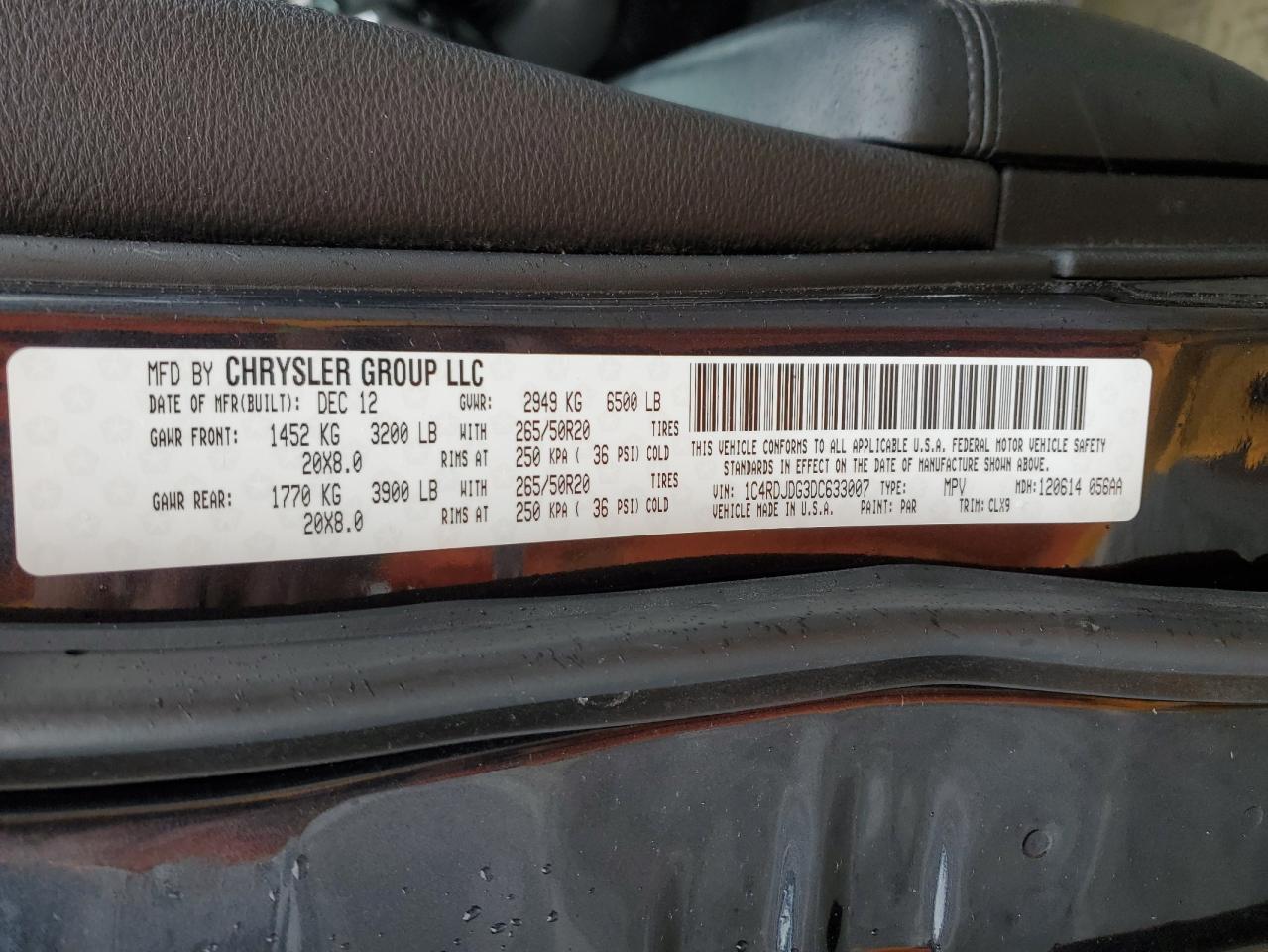 2013 Dodge Durango VIN 1C4RDJDG3DC633007 Copart auction photo, front end damage thumbnail 15