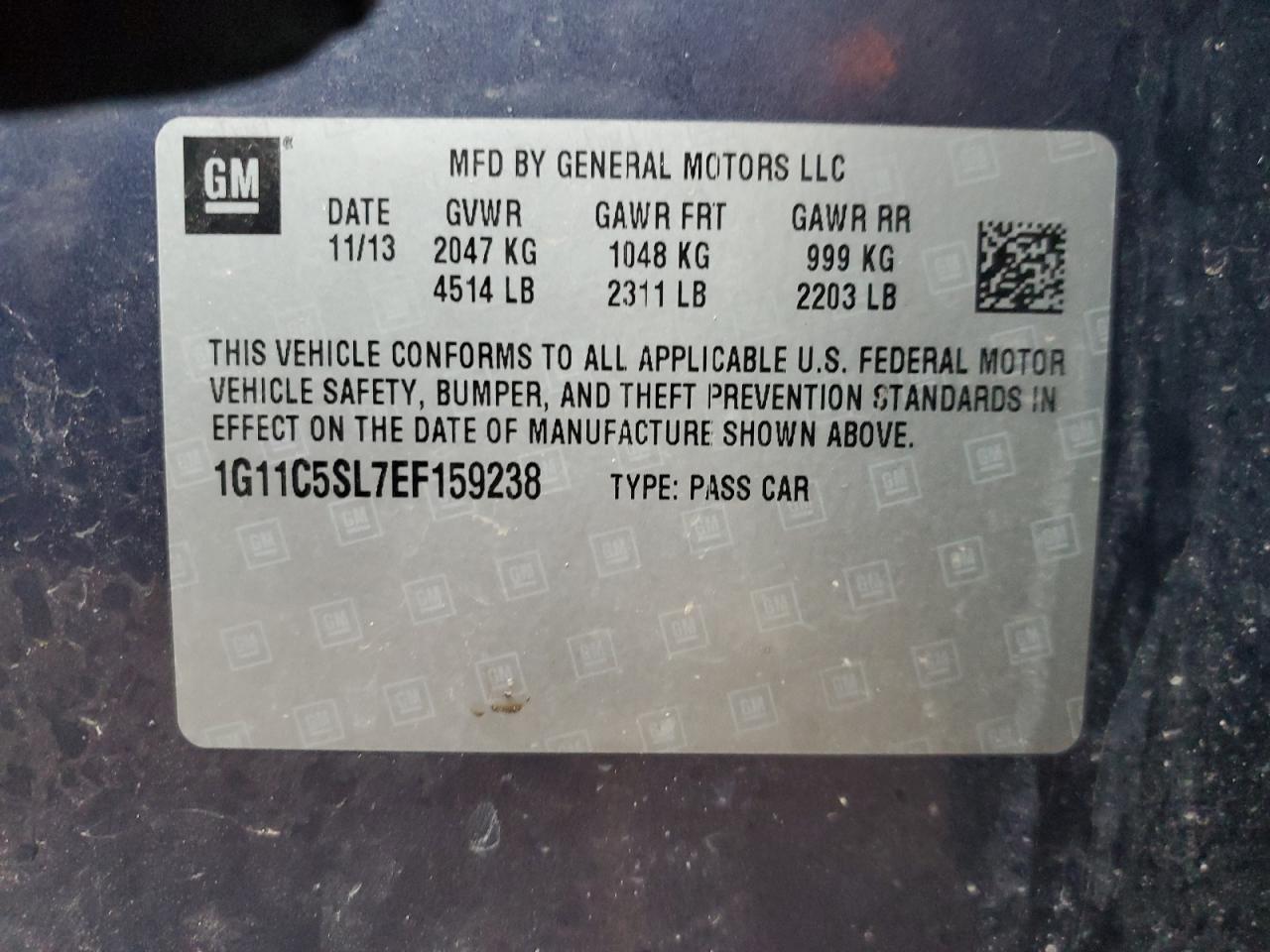 2014 Chevrolet Malibu VIN 1G11C5SL7EF159238 Copart auction photo, all over damage thumbnail 12