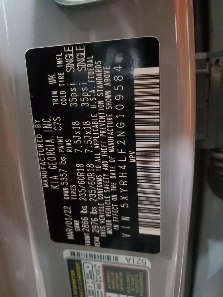 2022 KIA Sorento VIN 5XYRH4LF2NG109584 Copart auction photo, front end / top/roof damage thumbnail 14