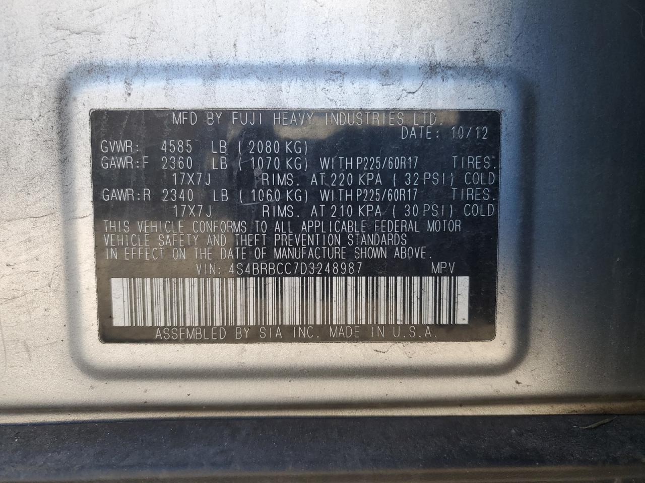 2013 Subaru Outback VIN 4S4BRBCC7D3248987 Copart auction photo, mechanical damage thumbnail 12