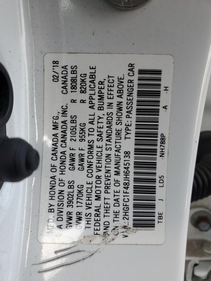 2018 Honda Civic VIN 2HGFC1F48JH645138 Copart auction photo, front end / frame damage damage thumbnail 15