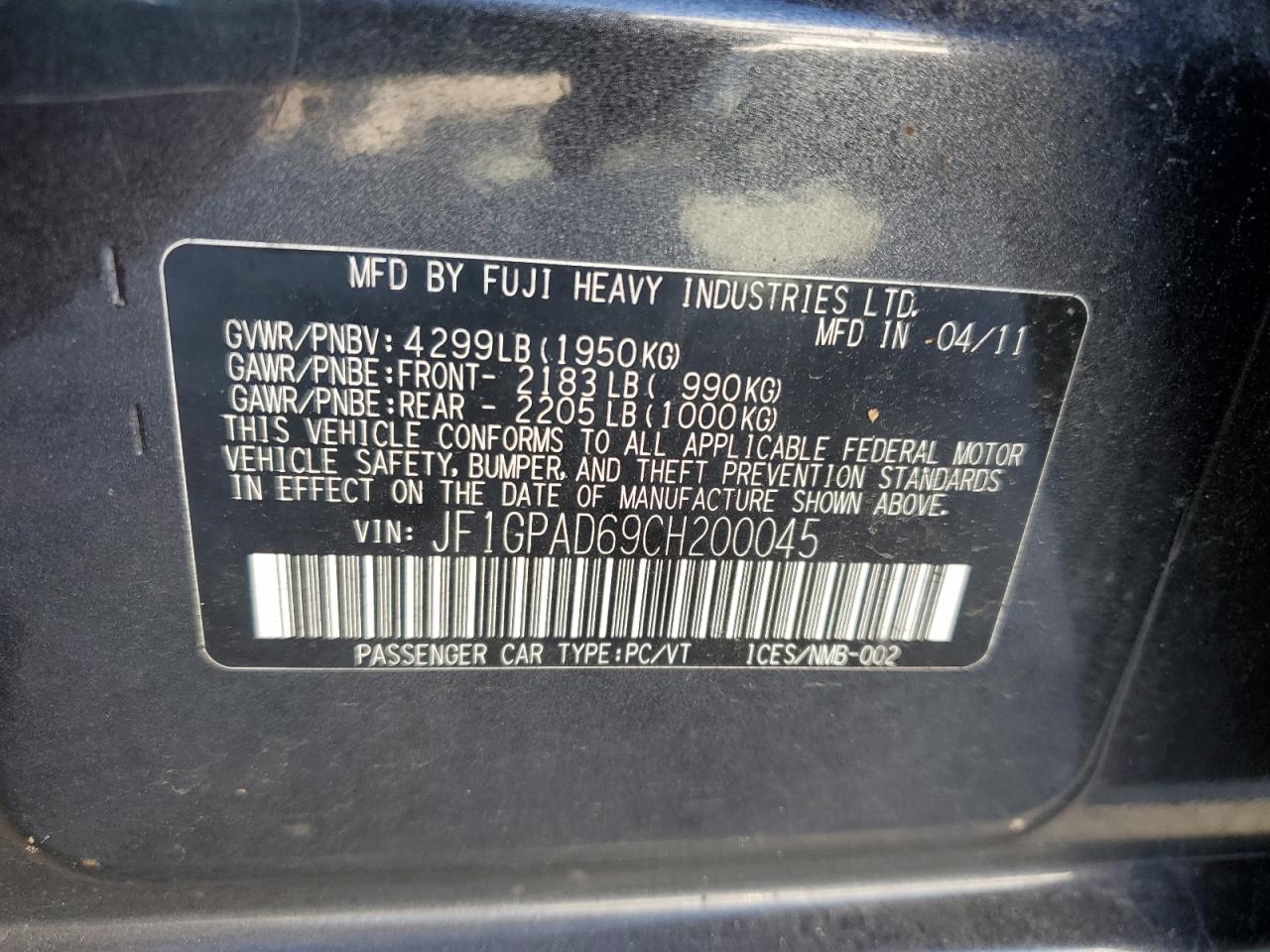 2012 Subaru Impreza VIN JF1GPAD69CH200045 Copart auction photo, minor dent/scratches damage thumbnail 12