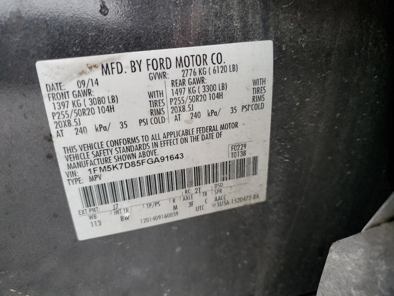 2015 Ford Explorer VIN 1FM5K7D85FGA91643 Copart auction photo, front end damage thumbnail 13