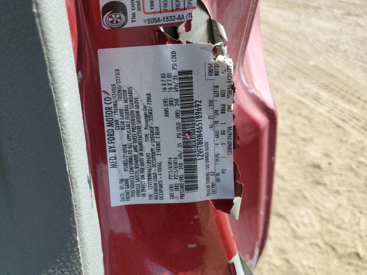 2006 Ford Mustang VIN 1ZVFT80N465189692 Copart auction photo, all over damage thumbnail 12