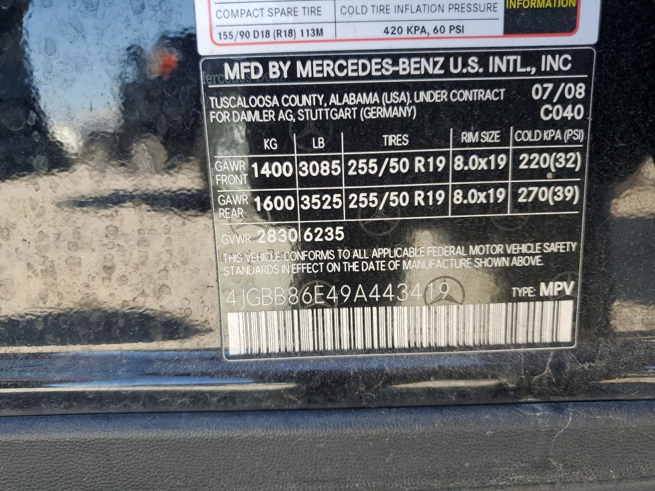 2009 Mercedes-Benz M-klasse VIN 4JGBB86E49A443419 Copart auction photo, rear end damage thumbnail 12