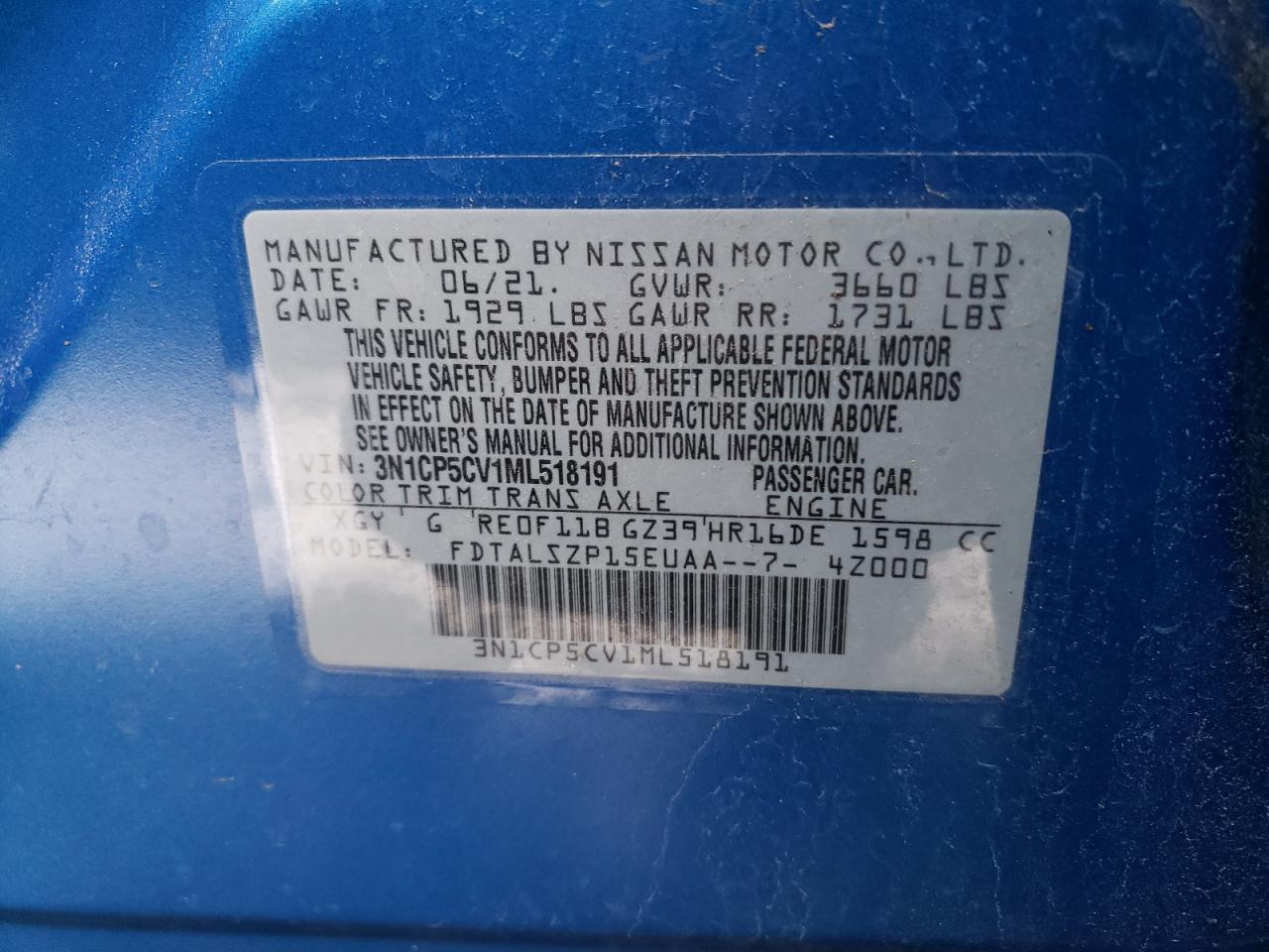 2021 Nissan Kicks VIN 3N1CP5CV1ML518191 Copart auction photo, rollover damage thumbnail 12