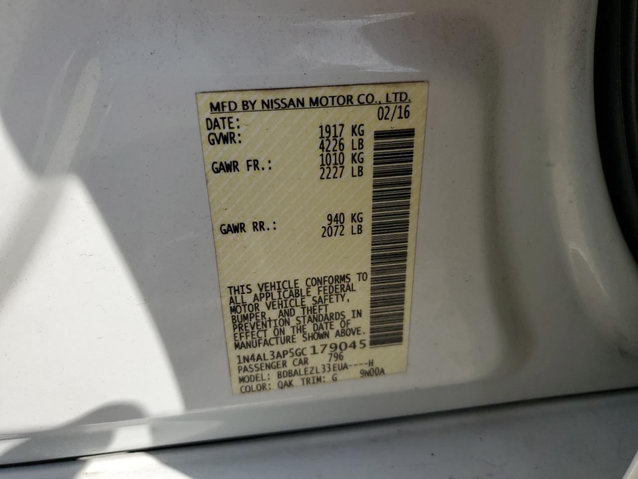 2016 Nissan Altima VIN 1N4AL3AP5GC179045 Copart auction photo, front end / minor dent/scratches damage thumbnail 12