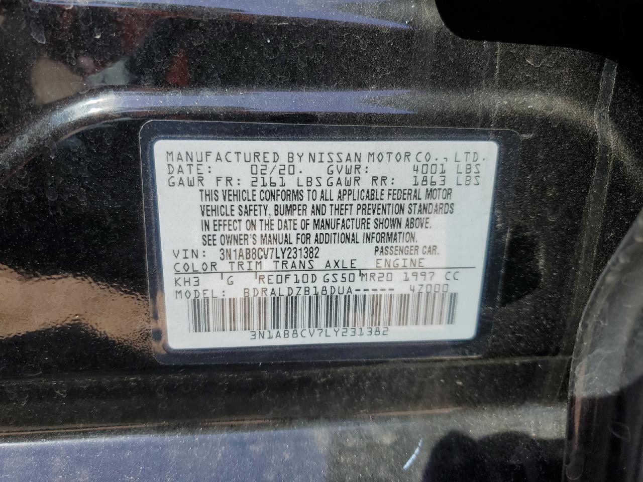 2020 Nissan Sentra VIN 3N1AB8CV7LY231382 Copart auction photo, rear end / front end damage thumbnail 14