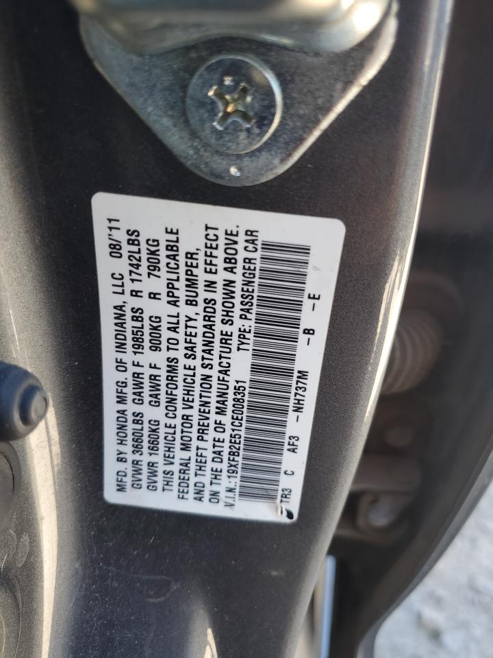 2012 Honda Civic VIN 19XFB2E51CE008351 Copart auction photo, side damage thumbnail 12