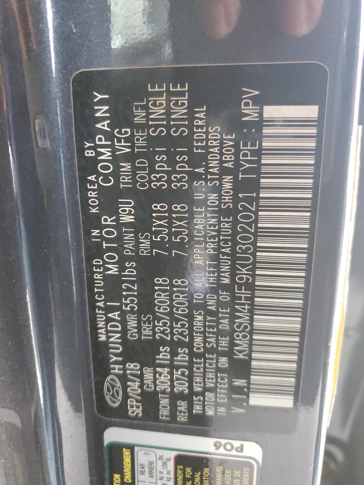 2019 Hyundai Santa Fe VIN KM8SM4HF9KU302021 Copart auction photo, all over damage thumbnail 13
