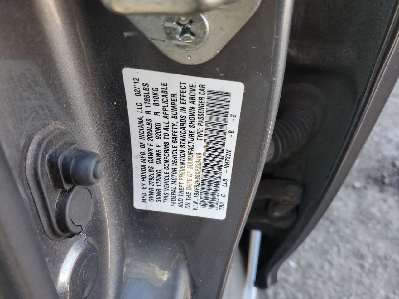 2012 Honda Civic VIN 19XFB2F88CE333488 Copart auction photo, rear end damage thumbnail 14