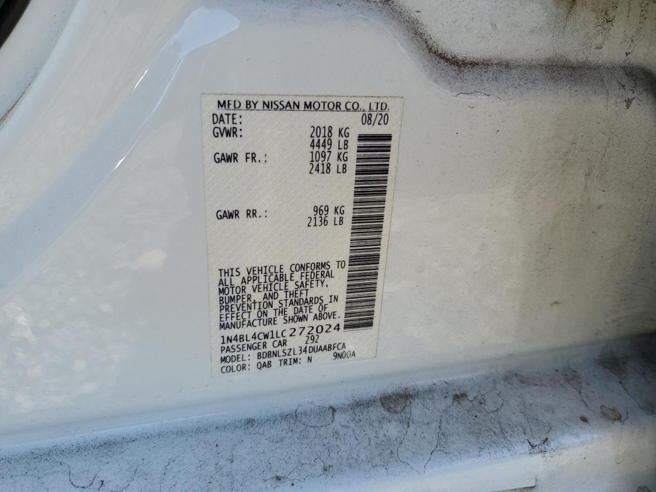 2020 Nissan Altima VIN 1N4BL4CW1LC272024 Copart auction photo, front end / minor dent/scratches damage thumbnail 12