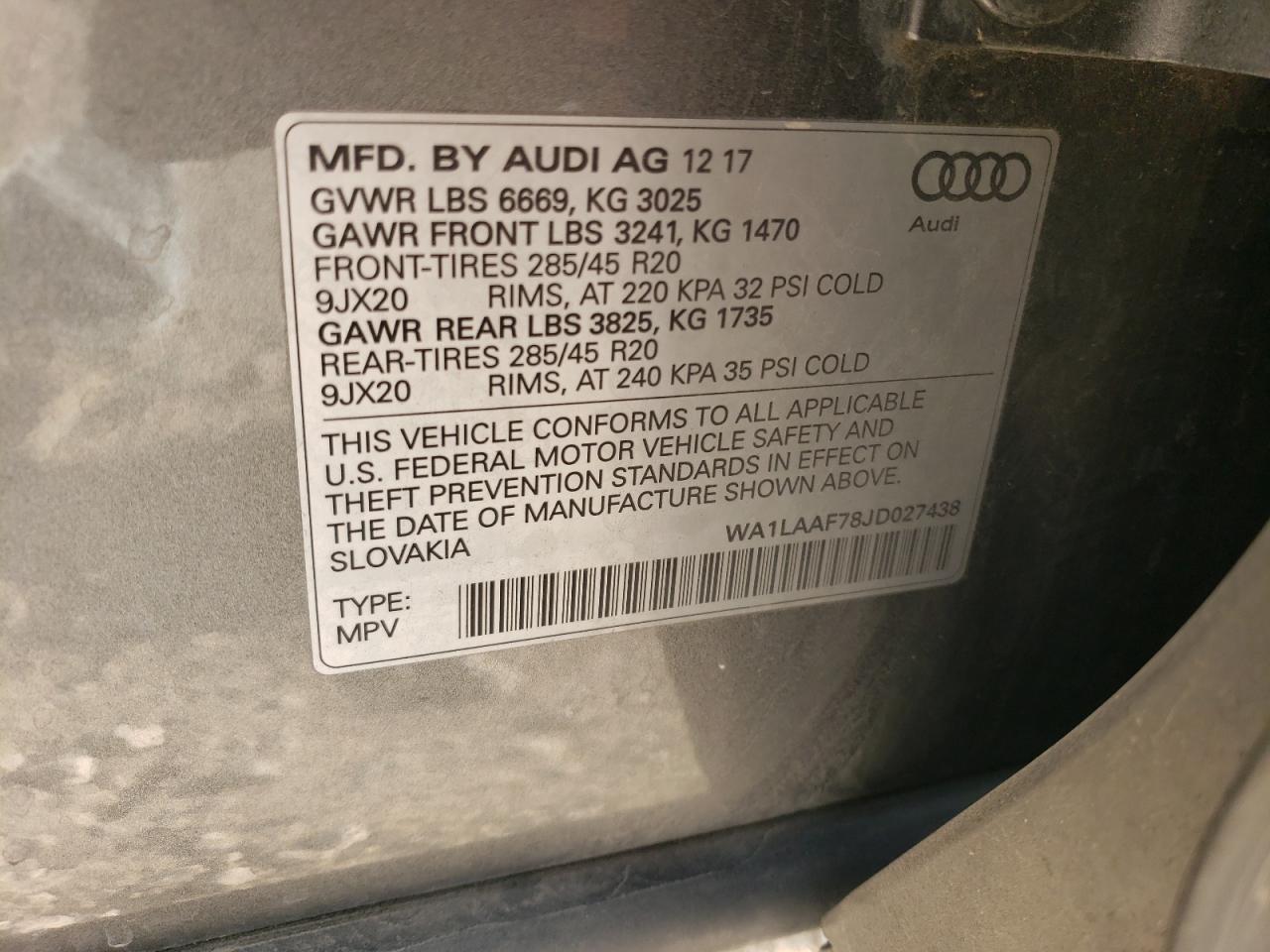 2018 Audi Q7 VIN WA1LAAF78JD027438 Copart auction photo, front end damage thumbnail 14