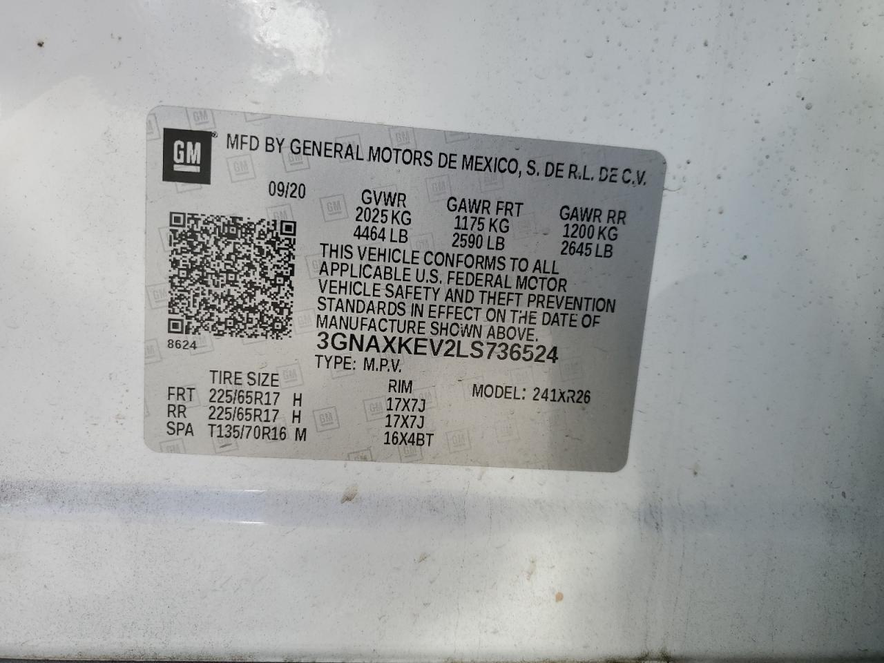 2020 Chevrolet Equinox VIN 3GNAXKEV2LS736524 Copart auction photo, rear end damage thumbnail 14