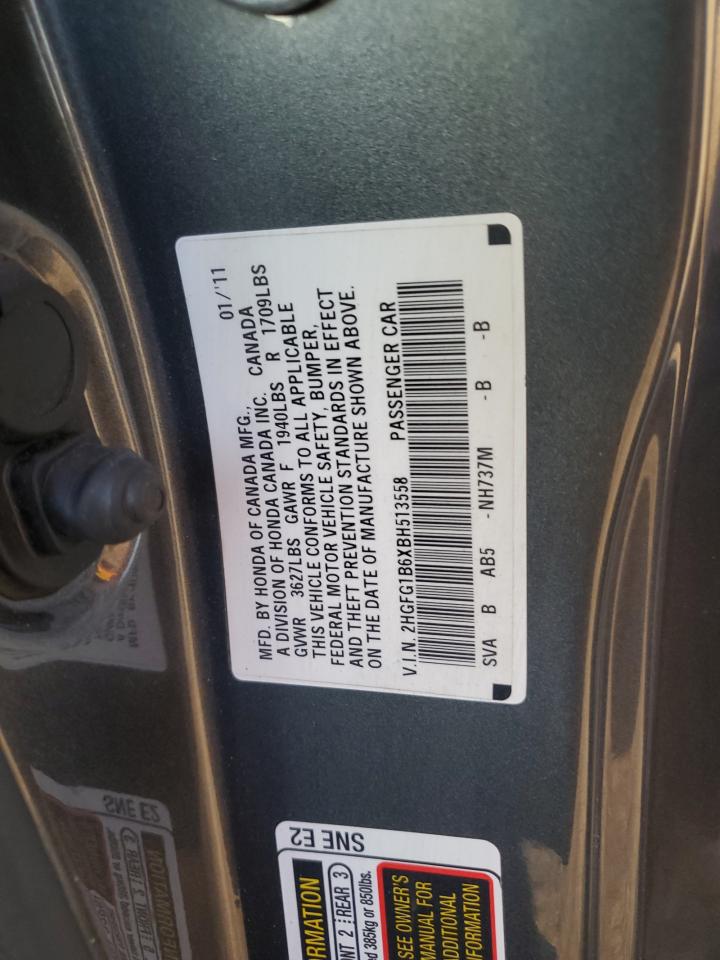 2011 Honda Civic VIN 2HGFG1B6XBH513558 Copart auction photo, mechanical / front end damage thumbnail 15