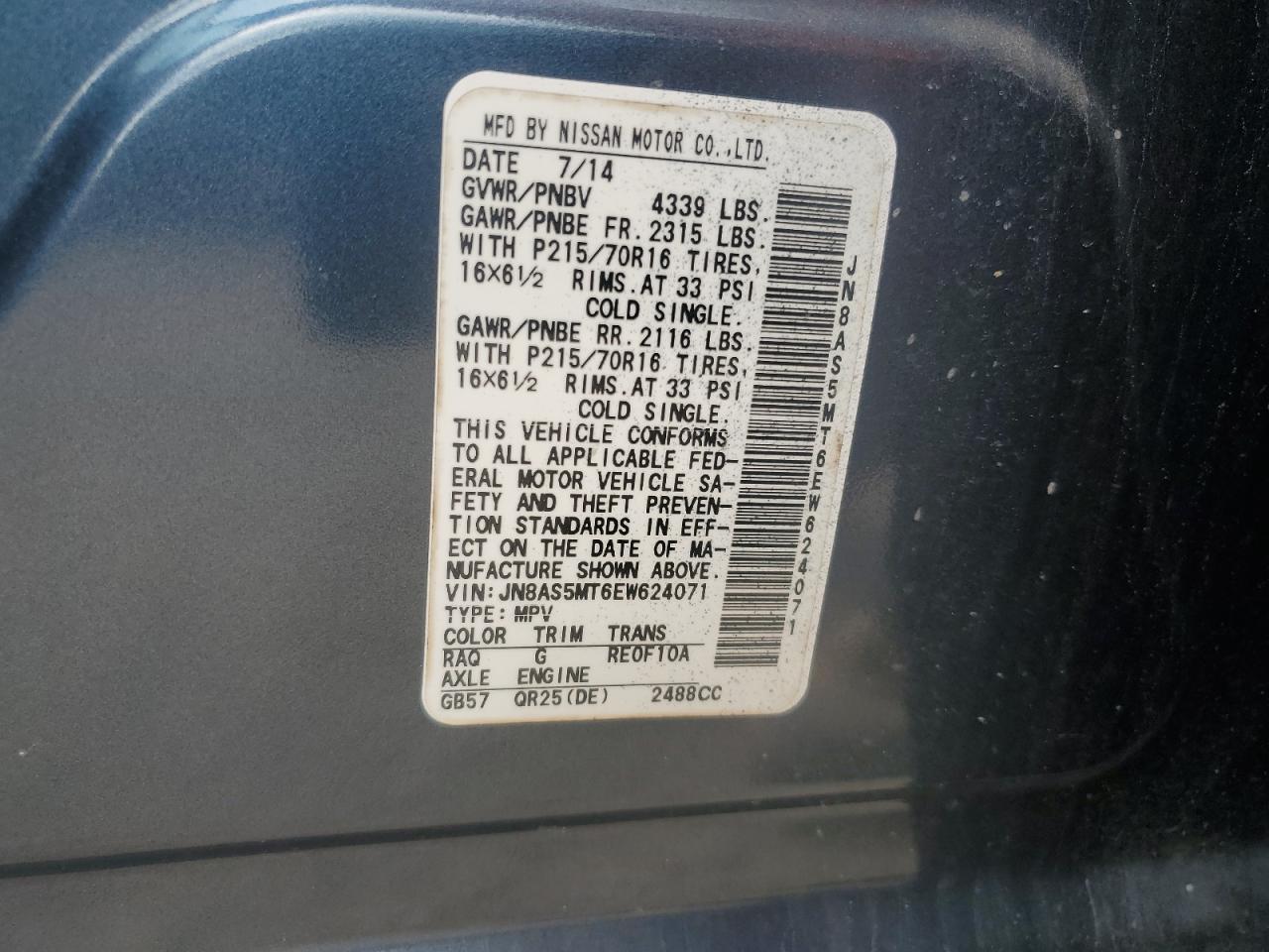 2014 Nissan Rogue VIN JN8AS5MT6EW624071 Copart auction photo, all over damage thumbnail 13