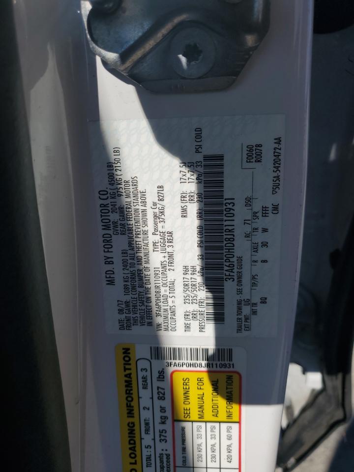 2018 Ford Fusion VIN 3FA6P0HD8JR110931 Copart auction photo, side damage thumbnail 14