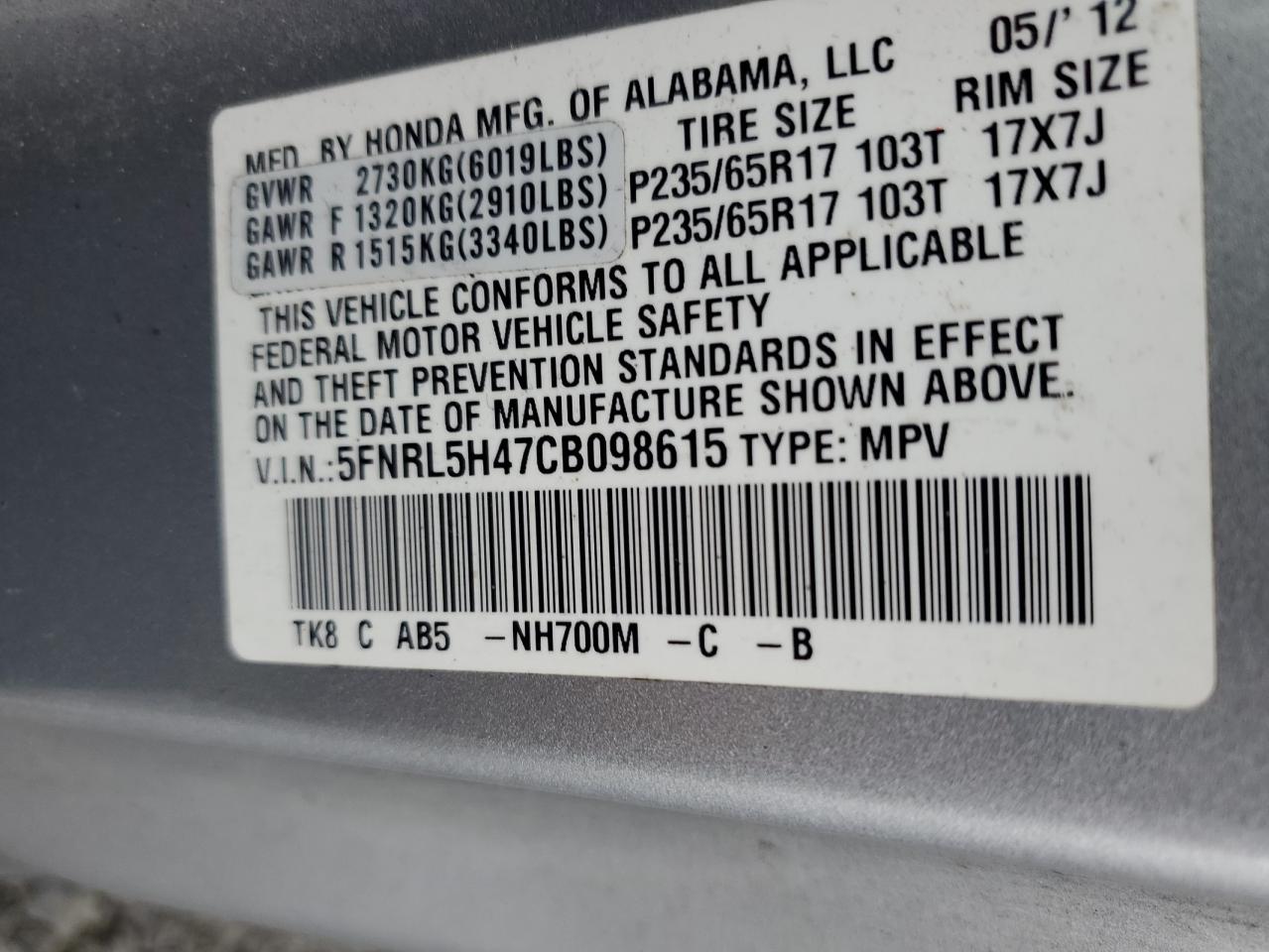 2012 Honda Odyssey VIN 5FNRL5H47CB098615 Copart auction photo, rear end / side damage thumbnail 15