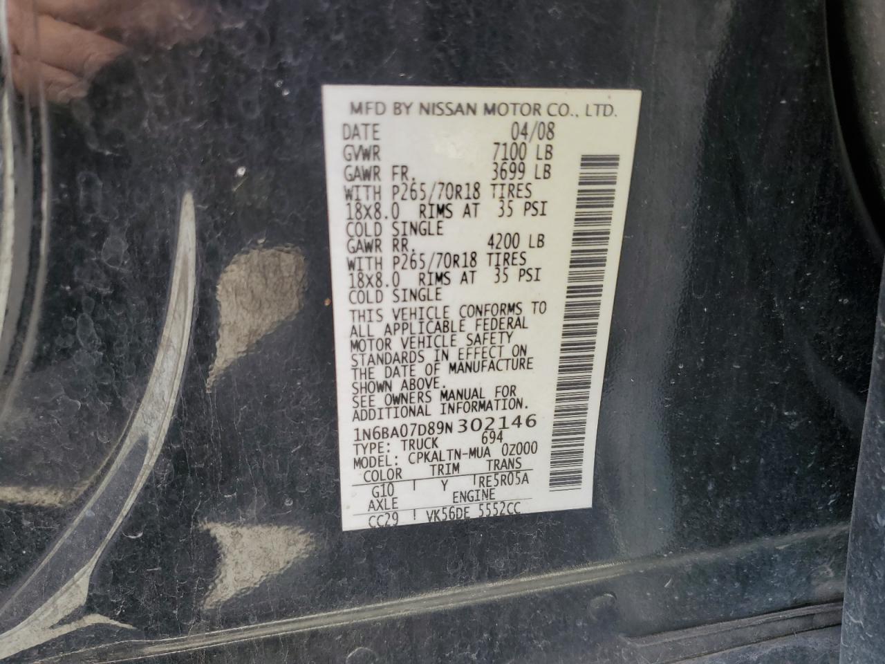 2009 Nissan Titan VIN 1N6BA07D89N302146 Copart auction photo, side / front end damage thumbnail 12