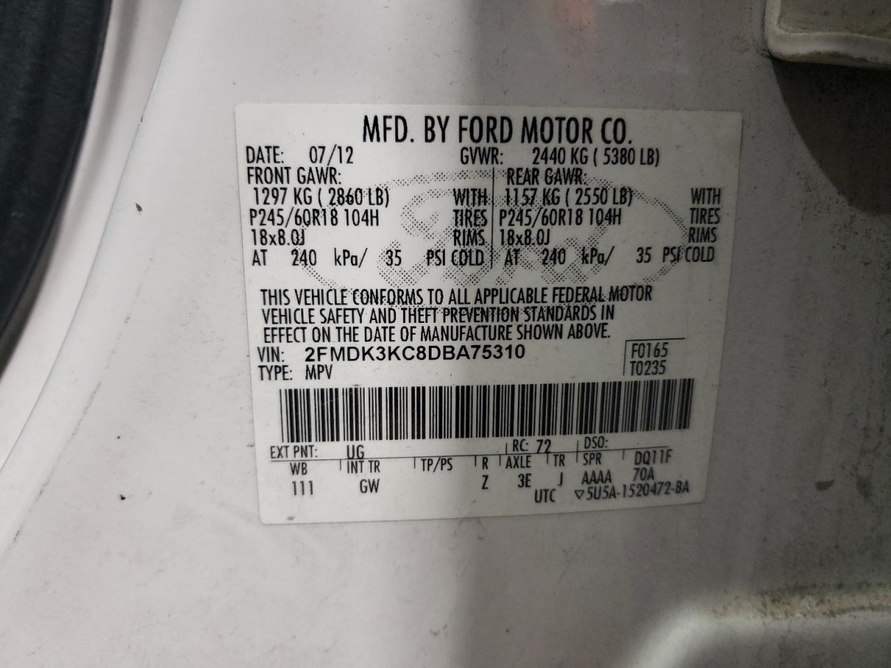 2013 Ford Edge VIN 2FMDK3KC8DBA75310 Copart auction photo, side / front end damage thumbnail 13