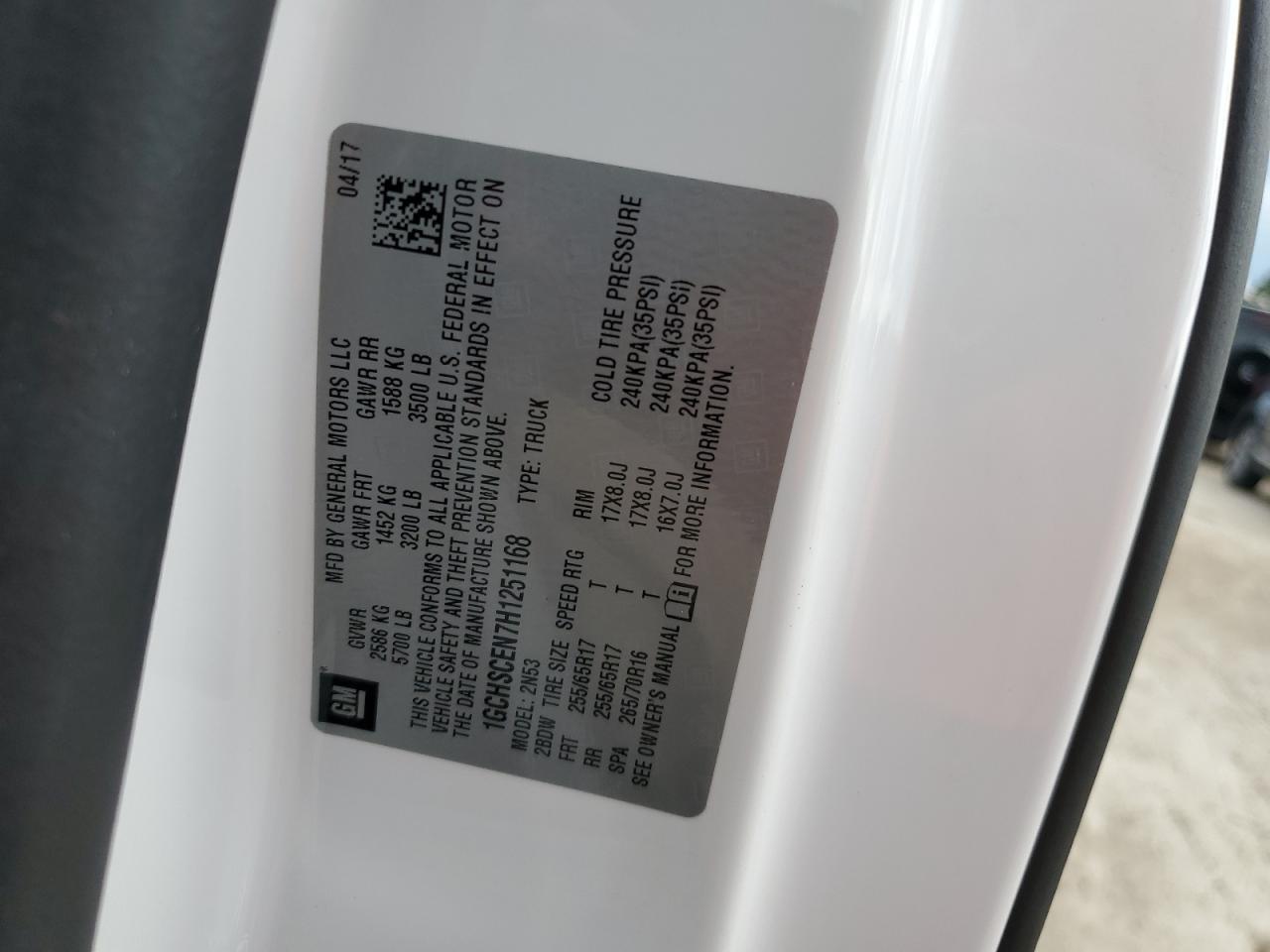 2017 Chevrolet Colorado VIN 1GCHSCEN7H1251168 Copart auction photo, water/flood damage thumbnail 13