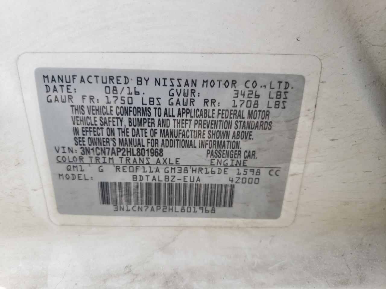 2017 Nissan Versa VIN 3N1CN7AP2HL801968 Copart auction photo, mechanical / all over damage thumbnail 14